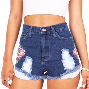 Vibrant high waisted rose embroidered shorts